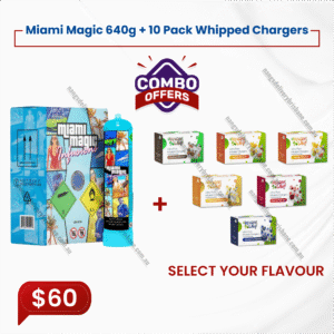 1x Miami Magic 615g Tank + 10 pack flavour whipped cream chargers
