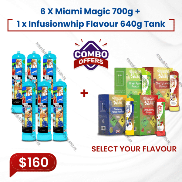 6X Miami Magic 700g N2o Cylinder + 1x Infusionwhip Flavour 640g Tank
